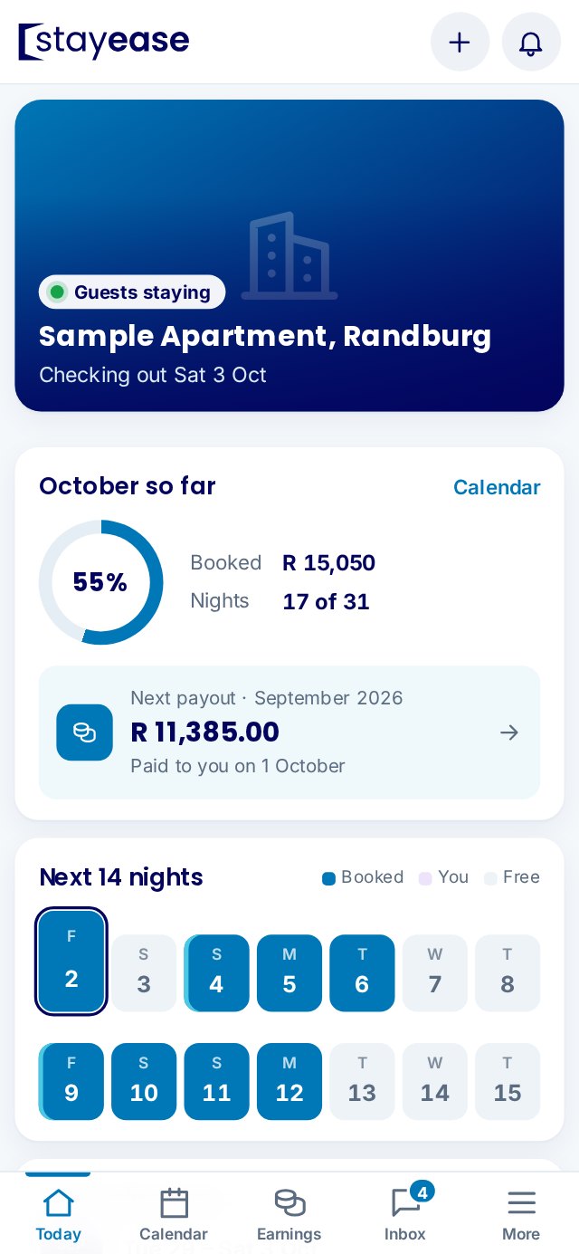 The Stayease owner app on a phone: guests staying, 55% of October booked, next payout R 11,385 paid on 1 October